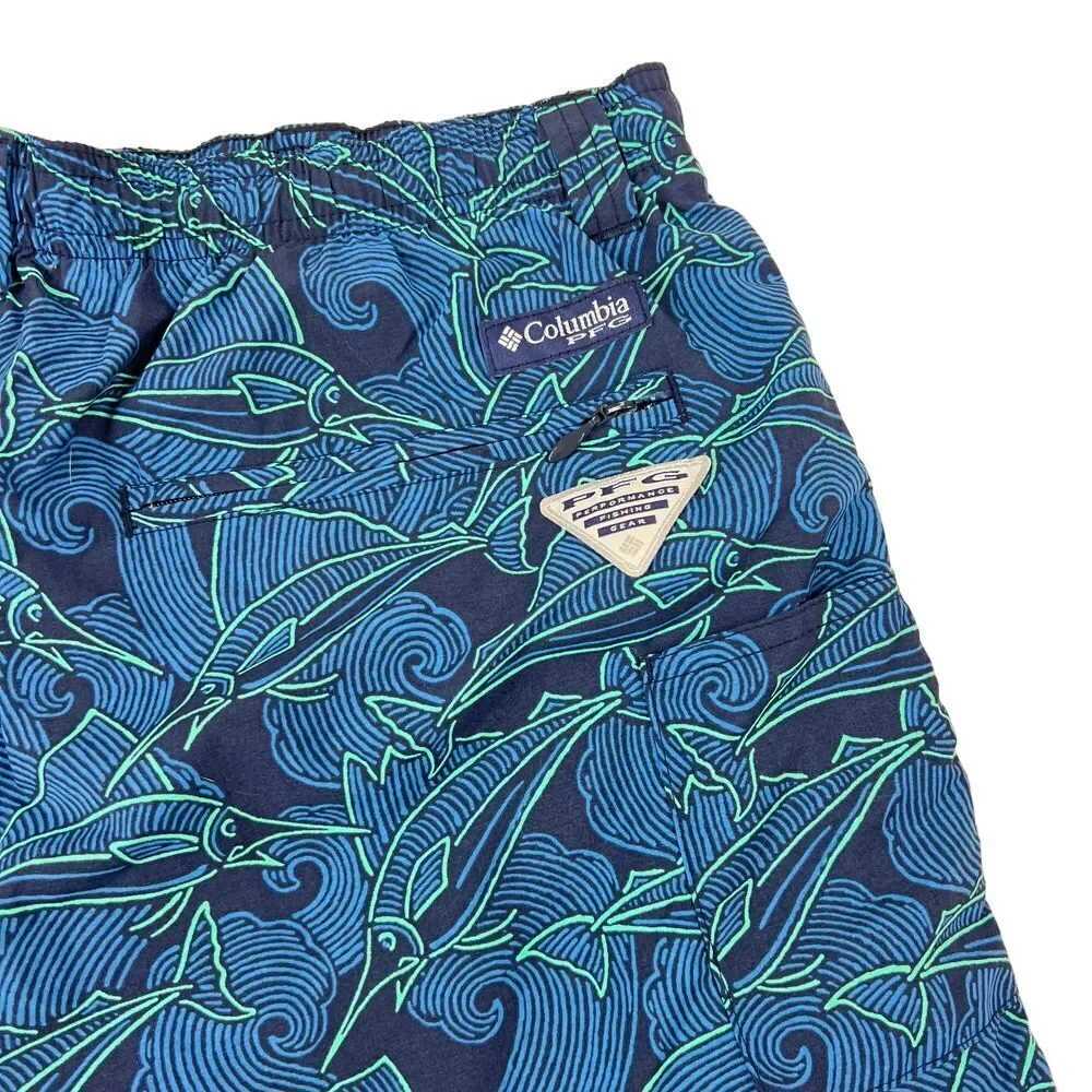 COLUMBIA Blue Marlin Print Swim Trunk Elastic Waist with Lining‎ Size Medium